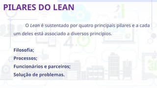 O Lean é sustentado por quatro principais pilares e a cada
um deles está associado a diversos princípios.
Filosofia;
Processos;
Funcionários e parceiros;
Solução de problemas.
PILARES DO LEAN
 