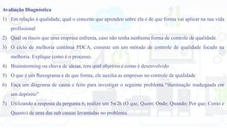 Avaliação Diagnóstica
1) Em relação à qualidade, qual o conceito que aprendeu sobre ela e de que forma vai aplicar na sua vida
profissional
2) Qual os riscos que uma empresa enfrenta, caso não tenha nenhuma forma de controle de qualidade.
3) O ciclo de melhoria contínua PDCA, consiste em um método de controle de qualidade focado na
melhoria. Explique como é o processo.
4) Brainstorming ou chuva de ideias, tem qual objetivo e como é desenvolvido
5) O que é um fluxograma e de que forma, ele auxilia as empresas no controle de qualidade
6) Faça um diagrama de causa e feito para investigar o seguinte problema “iluminação inadequada em
um depósito”
7) Utilizando a resposta da pergunta 6, realize um 5w2h (O que; Quem; Onde; Quando; Por que; Como e
Quanto) de uma das sub causas levantadas no problema.
 