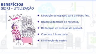 BENEFÍCIOS
SEIRI - UTILIZAÇÃO
Liberação de espaços para diversos fins.
Reaproveitamento de recursos.
Re-locação de excesso de pessoal.
Combate à burocracia
Diminuição de custos
 