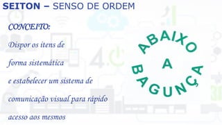 SEITON – SENSO DE ORDEM
CONCEITO:
Dispor os itens de
forma sistemática
e estabelecer um sistema de
comunicação visual para rápido
acesso aos mesmos
 