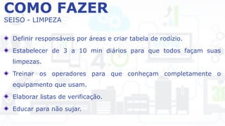 COMO FAZER
SEISO - LIMPEZA
Definir responsáveis por áreas e criar tabela de rodízio.
Estabelecer de 3 a 10 min diários para que todos façam suas
limpezas.
Treinar os operadores para que conheçam completamente o
equipamento que usam.
Elaborar listas de verificação.
Educar para não sujar.
 