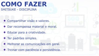 COMO FAZER
SHITSUKE - DISCIPLINA
Compartilhar visão e valores.
Dar recompensa material e moral.
Educar para a criatividade.
Ter padrões simples.
Melhorar as comunicações em geral.
Treinar com paciência e persistência.
 