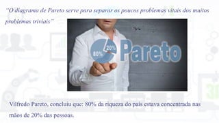 Vilfredo Pareto, concluiu que: 80% da riqueza do país estava concentrada nas
mãos de 20% das pessoas.
“O diagrama de Pareto serve para separar os poucos problemas vitais dos muitos
problemas triviais”
 