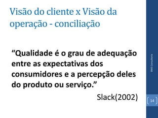 Visão do cliente x Visão da
operação - conciliação

“Qualidade é o grau de adequação




                                     BWS Consultoria
entre as expectativas dos
consumidores e a percepção deles
do produto ou serviço.”
                       Slack(2002)   14
 