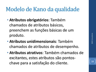 Modelo de Kano da qualidade
• Atributos obrigatórios: Também
  chamados de atributos básicos,
  preenchem as funções básicas de um




                                            BWS Consultoria
  produto.
• Atributos unidimensionais: Também
  chamados de atributos de desempenho.
• Atributos atrativos: Também chamados de
  excitantes, estes atributos são pontos-
                                            18
  chave para a satisfação do cliente.
 