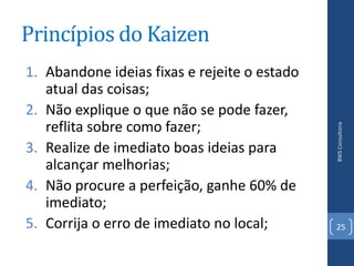 Princípios do Kaizen
1. Abandone ideias fixas e rejeite o estado
   atual das coisas;
2. Não explique o que não se pode fazer,
   reflita sobre como fazer;




                                              BWS Consultoria
3. Realize de imediato boas ideias para
   alcançar melhorias;
4. Não procure a perfeição, ganhe 60% de
   imediato;
5. Corrija o erro de imediato no local;       25
 