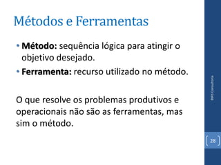 Métodos e Ferramentas
• Método: sequência lógica para atingir o
  objetivo desejado.
• Ferramenta: recurso utilizado no método.




                                             BWS Consultoria
O que resolve os problemas produtivos e
operacionais não são as ferramentas, mas
sim o método.
                                             28
 