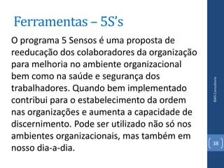 Ferramentas – 5S’s
O programa 5 Sensos é uma proposta de
reeducação dos colaboradores da organização
para melhoria no ambiente organizacional
bem como na saúde e segurança dos




                                               BWS Consultoria
trabalhadores. Quando bem implementado
contribui para o estabelecimento da ordem
nas organizações e aumenta a capacidade de
discernimento. Pode ser utilizado não só nos
ambientes organizacionais, mas também em
                                               38
nosso dia-a-dia.
 