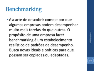 Benchmarking
• é a arte de descobrir como e por que
  algumas empresas podem desempenhar
  muito mais tarefas do que outras. O




                                           BWS Consultoria
  propósito de uma empresa fazer
  benchmarking é um estabelecimento
  realístico de padrões de desempenho.
  Busca novas ideais e práticas para que
  possam ser copiadas ou adaptadas.
                                           54
 