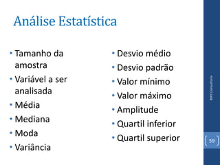 Análise Estatística

• Tamanho da       • Desvio médio
  amostra          • Desvio padrão
• Variável a ser




                                        BWS Consultoria
                   • Valor mínimo
  analisada        • Valor máximo
• Média            • Amplitude
• Mediana          • Quartil inferior
• Moda             • Quartil superior   59
• Variância
 