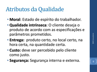 Atributos da Qualidade
• Moral: Estado de espírito do trabalhador.
• Qualidade intrínseca: O cliente deseja o
  produto de acordo com as especificações e
  parâmetros prometidos.




                                               BWS Consultoria
• Entrega: produto certo, no local certo, na
  hora certa, na quantidade certa.
• Custo: deve ser percebido pelo cliente
  como justo.
• Segurança: Segurança interna e externa.         6
 