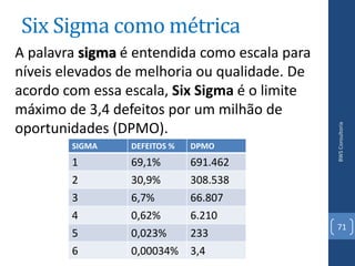Six Sigma como métrica
A palavra sigma é entendida como escala para
níveis elevados de melhoria ou qualidade. De
acordo com essa escala, Six Sigma é o limite
máximo de 3,4 defeitos por um milhão de
oportunidades (DPMO).




                                               BWS Consultoria
        SIGMA    DEFEITOS %   DPMO
        1        69,1%        691.462
        2        30,9%        308.538
        3        6,7%         66.807
        4        0,62%        6.210
                                               71
        5        0,023%       233
        6        0,00034%     3,4
 