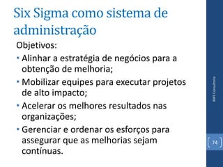 Six Sigma como sistema de
administração
Objetivos:
• Alinhar a estratégia de negócios para a
  obtenção de melhoria;
• Mobilizar equipes para executar projetos




                                             BWS Consultoria
  de alto impacto;
• Acelerar os melhores resultados nas
  organizações;
• Gerenciar e ordenar os esforços para
  assegurar que as melhorias sejam           74
  contínuas.
 