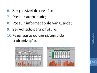 6. Ser passível de revisão;
7. Possuir autoridade;
8. Possuir informação de vanguarda;
9. Ser voltado para o futuro;




                                      BWS Consultoria
10.Fazer parte de um sistema de
   padronização.



                                      78
 