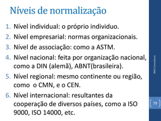 Níveis de normalização
1. Nível individual: o próprio individuo.
2. Nível empresarial: normas organizacionais.
3. Nível de associação: como a ASTM.
4. Nível nacional: feita por organização nacional,




                                                     BWS Consultoria
   como a DIN (alemã), ABNT(brasileira).
5. Nível regional: mesmo continente ou região,
   como o CMN, e o CEN.
6. Nível internacional: resultantes da
   cooperação de diversos países, como a ISO         79

   9000, ISO 14000, etc.
 