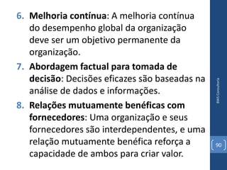 6. Melhoria contínua: A melhoria contínua
   do desempenho global da organização
   deve ser um objetivo permanente da
   organização.
7. Abordagem factual para tomada de
   decisão: Decisões eficazes são baseadas na




                                                BWS Consultoria
   análise de dados e informações.
8. Relações mutuamente benéficas com
   fornecedores: Uma organização e seus
   fornecedores são interdependentes, e uma
   relação mutuamente benéfica reforça a        90
   capacidade de ambos para criar valor.
 
