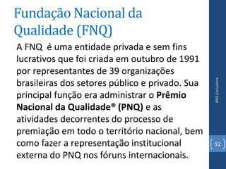 Fundação Nacional da
Qualidade (FNQ)
A FNQ é uma entidade privada e sem fins
lucrativos que foi criada em outubro de 1991
por representantes de 39 organizações




                                                 BWS Consultoria
brasileiras dos setores público e privado. Sua
principal função era administrar o Prêmio
Nacional da Qualidade® (PNQ) e as
atividades decorrentes do processo de
premiação em todo o território nacional, bem
como fazer a representação institucional         92

externa do PNQ nos fóruns internacionais.
 
