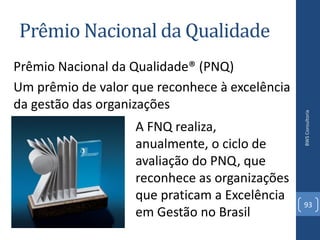 Prêmio Nacional da Qualidade
Prêmio Nacional da Qualidade® (PNQ)
Um prêmio de valor que reconhece à excelência
da gestão das organizações




                                                BWS Consultoria
                   A FNQ realiza,
                   anualmente, o ciclo de
                   avaliação do PNQ, que
                   reconhece as organizações
                   que praticam a Excelência
                                                93
                   em Gestão no Brasil
 
