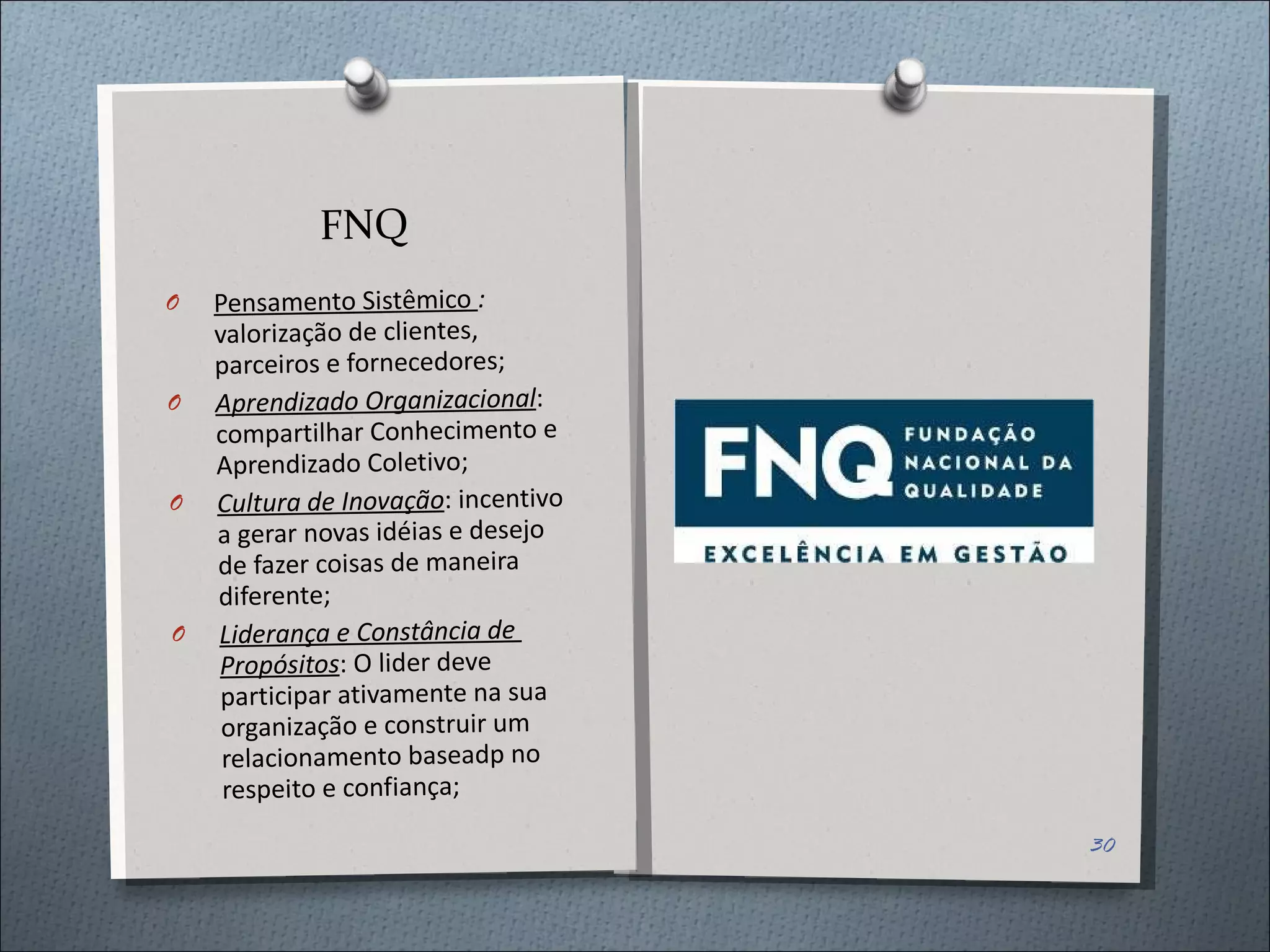 FNQ Pensamento Sistêmico  :  valorização de clientes, parceiros e fornecedores; Aprendizado Organizacional :  compartilhar Conhecimento e Aprendizado Coletivo; Cultura de Inovação : incentivo a gerar novas idéias e desejo de fazer coisas de maneira diferente; Liderança e Constância de  Propósitos : O lider deve participar ativamente na sua organização e construir um relacionamento baseadp no respeito e confiança; 