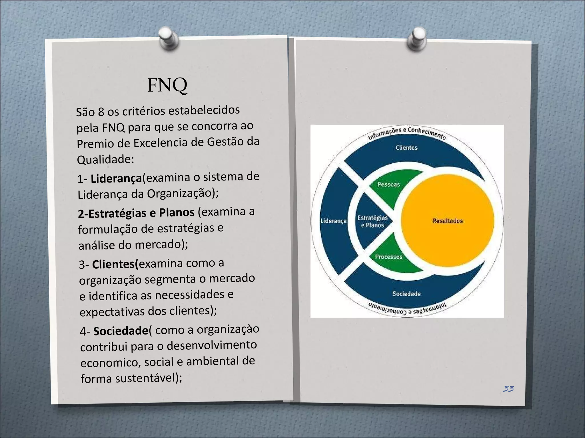 FNQ São 8 os critérios estabelecidos pela FNQ para que se concorra ao Premio de Excelencia de Gestão da Qualidade: 1-  Liderança (examina o sistema de Liderança da Organização); 2-Estratégias e Planos  (examina a formulação de estratégias e análise do mercado); 3-  Clientes( examina como a organização segmenta o mercado e identifica as necessidades e expectativas dos clientes); 4-  Sociedade ( como a organizaçào contribui para o desenvolvimento economico, social e ambiental de forma sustentável); 
