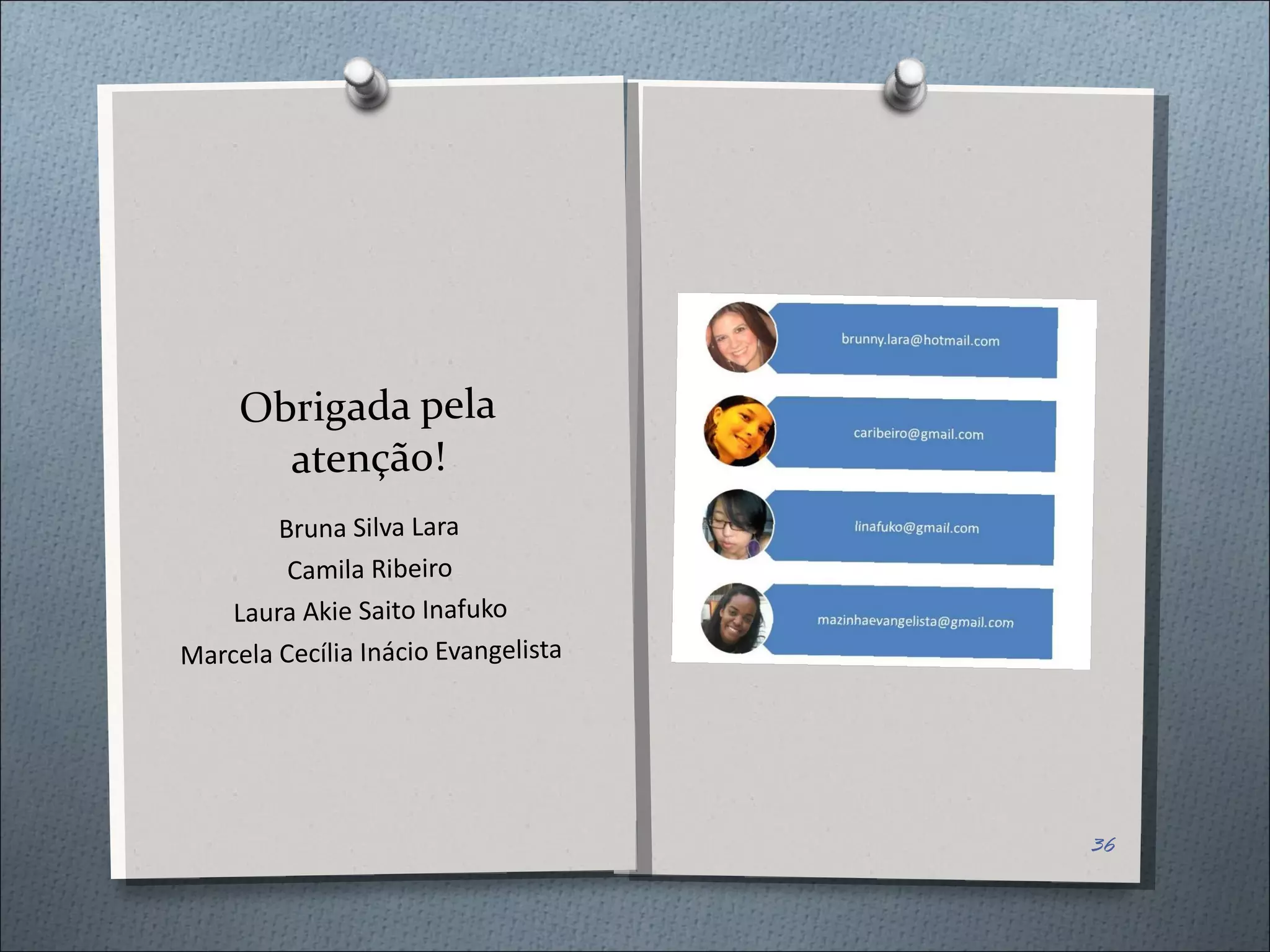 Obrigada pela atenção! Bruna Silva Lara Camila Ribeiro Laura Akie Saito Inafuko Marcela Cecília Inácio Evangelista 