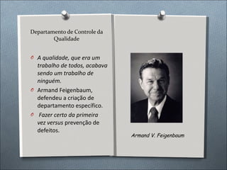 Departamento de Controle da Qualidade A qualidade, que era um trabalho de todos, acabava sendo um trabalho de ninguém. Armand Feigenbaum, defendeu a criação de departamento específico. Fazer certo da primeira vez versus  prevenção de defeitos. Armand V. Feigenbaum 