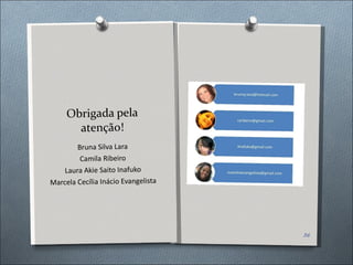 Obrigada pela atenção! Bruna Silva Lara Camila Ribeiro Laura Akie Saito Inafuko Marcela Cecília Inácio Evangelista 