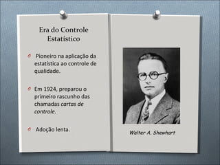 Era do Controle Estatístico Pioneiro na aplicação da estatística ao controle de qualidade. Em 1924, preparou o primeiro rascunho das chamadas  cartas de controle. Adoção lenta. Walter A. Shewhart 