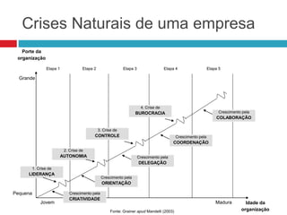 Crises Naturais de uma empresa
Porte da
organização
Grande
Pequena
Jovem Madura Idade da
organização
Etapa 1 Etapa 2 Etapa 3 Etapa 4 Etapa 5
1. Crise de
LIDERANÇA
2. Crise de
AUTONOMIA
4. Crise de
BUROCRACIA
Crescimento pela
CRIATIVIDADE
Crescimento pela
ORIENTAÇÃO
Crescimento pela
DELEGAÇÃO
Crescimento pela
COORDENAÇÃO
Crescimento pela
COLABORAÇÃO
Fonte: Grainer apud Mandelli (2003)
3. Crise de
CONTROLE
 