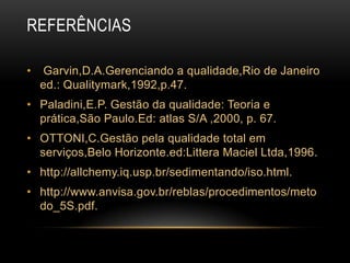 ReferênciasGarvin,D.A.Gerenciandoa qualidade,Rio de Janeiro ed.: Qualitymark,1992,p.47.Paladini,E.P. Gestão da qualidade: Teoria e prática,SãoPaulo.Ed: atlas S/A ,2000, p. 67.OTTONI,C.Gestão pela qualidade total em serviços,BeloHorizonte.ed:LitteraMaciel Ltda,1996.http://allchemy.iq.usp.br/sedimentando/iso.html.http://www.anvisa.gov.br/reblas/procedimentos/metodo_5S.pdf.