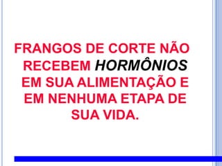 FRANGOS DE CORTE NÃO RECEBEM HORMÔNIOSEM SUA ALIMENTAÇÃO E EM NENHUMA ETAPA DE SUA VIDA.