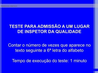 Os oito princípios da ISO 9001	1 - Foco no Cliente;	2 - Liderança entre objetivos comuns;	3 - Envolvimento de todos;4 - Abordagem de processos;5 - Considerar o impacto de decisões em outros processos;6 - Melhoria Contínua;7 - Decisão baseada em dados;8 - Benefícios mútuos entre clientes e fornecedores;
