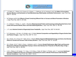 J. S. Moritz, K. J. Wilson, K. R. Cramer, R. S. Beyer, L. J. McKinney, W. B. Cavalcanti, and X. Mo EffectofFormulationDensity, Moisture, andSurfactantonFeedManufacturing, Pellet Quality, andBroiler Performance J. Appl. Poult. Res. 2002 11: 155-163.  M. Özdoganand M. AksitEffectsofFeedsContainingDifferentFatsonCarcassandBloodParametersofBroilersJ. Appl. Poult. Res. 2003 12: 251-256.  A. J. Zarate, E. T. Moran, Jr., and D. J. BurnhamReducingCrudeProteinandIncreasingLimitingEssentialAminoAcidLevelswithSummer-Reared, Slow- andFast-FeatheringBroilersJ. Appl. Poult. Res. 2003 12: 160-168.  J. P. Jacob NutrientContentofOrganicallyGrownFeedstuffsJ. Appl. Poult. Res. 2007 16: 642-651.  N. P. Buchanan, J. M. Hott, L. B. Kimbler, and J. S. MoritzNutrientCompositionandDigestibilityofOrganicBroilerDietsandPasture Forages J. Appl. Poult. Res. 2007 16: 13-21.  W. A. Dozier, III, A. Corzo, M. T. Kidd, and S. L. BrantonDietaryApparentMetabolizableEnergyandAminoAcidDensityEffectsonGrowthandCarcassTraitsofHeavyBroilersJ. Appl. Poult. Res. 2007 16: 192-205.  W. A. Dozier, III, M. T. Kidd, A. Corzo, J. Anderson, and S. L. BrantonGrowth Performance, MeatYield, andEconomicResponsesofBroilersProvidedDietsVarying in AminoAcidDensityfromThirty-Six to Fifty-NineDaysof Age J. Appl. Poult. Res. 2006 15: 383-393.  A. M. L. Ribeiro, A. M. Kessler, T. H. Viola, I. C. M. Silva, L. Rubin, M. Raber, C. Pinheiro, and L. F. LecznieskiNutritionalInteractionofMethionine Sources andSodiumandPotassiumLevelsonBroiler Performance UnderBrazilian Summer ConditionsJ. Appl. Poult. Res. 2008 17: 69-78. A. Batal, N. Dale, and M. Café NutrientCompositionofPeanutMealJ. Appl. Poult. Res. 2005 14: 254-257. M. T. Kidd, S. P. Lerner, J. P. Allard, S. K. Rao, and J. T. Halley ThreonineNeedsofFinishingBroilers: Growth, Carcass, andEconomicResponsesJ. Appl. Poult. Res. 1999 8: 160-169. 
