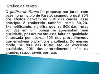 O gráfico de Pareto foi proposto por Juran, com
base no princípio de Pareto, segundo o qual 80%
dos efeitos derivam de 20% das causas. Esse
princípio é conhecido também como 80/20.
Exemplificando, significa que, se 80% das frutas
colhidas em um pomar se apresentam sem
qualidade, possivelmente essa falta de qualidade
é causada por apenas 20% dos procedimentos
que envolvem o plantio e a colheita. Do mesmo
modo, se 80% das frutas são de excelente
qualidade, 20% dos procedimentos são os
grandes responsáveis por isso.
 