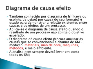  Também conhecido por diagrama de Ishikawa ou
espinha de peixe( por causa do seu formato) é
usado para demonstrar a relação existentes entre
causas e os efeitos de um processo.
 Aplica-se o diagrama de causa efeito quando o
resultado de um processo não atinge o objetivo
esperado.
 O diagrama de causa efeito procura analisar as
causas que se convencionou a chamar de 6M –
medição, materiais, mão de obra, máquinas,
métodos, e meio ambiente.
 A analise nem sempre deverá levar em conta
todos os 6Ms
 