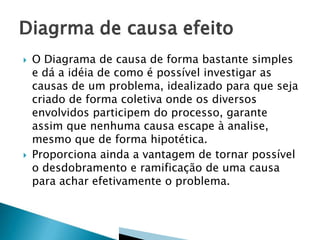  O Diagrama de causa de forma bastante simples
e dá a idéia de como é possível investigar as
causas de um problema, idealizado para que seja
criado de forma coletiva onde os diversos
envolvidos participem do processo, garante
assim que nenhuma causa escape à analise,
mesmo que de forma hipotética.
 Proporciona ainda a vantagem de tornar possível
o desdobramento e ramificação de uma causa
para achar efetivamente o problema.
 