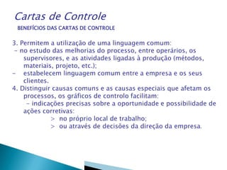 BENEFÍCIOS DAS CARTAS DE CONTROLE
3. Permitem a utilização de uma linguagem comum:
- no estudo das melhorias do processo, entre operários, os
supervisores, e as atividades ligadas à produção (métodos,
materiais, projeto, etc.);
- estabelecem linguagem comum entre a empresa e os seus
clientes.
4. Distinguir causas comuns e as causas especiais que afetam os
processos, os gráficos de controlo facilitam:
- indicações precisas sobre a oportunidade e possibilidade de
ações corretivas:
> no próprio local de trabalho;
> ou através de decisões da direção da empresa.
Cartas de Controle
 