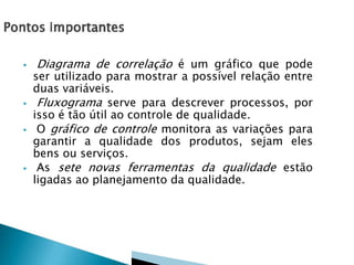 






Diagrama de correlação é um gráfico que pode

ser utilizado para mostrar a possível relação entre
duas variáveis.
Fluxograma serve para descrever processos, por
isso é tão útil ao controle de qualidade.
O gráfico de controle monitora as variações para
garantir a qualidade dos produtos, sejam eles
bens ou serviços.
As sete novas ferramentas da qualidade estão
ligadas ao planejamento da qualidade.

 