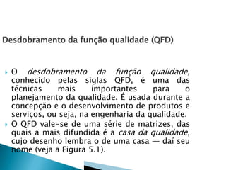 



O desdobramento da função qualidade,
conhecido pelas siglas QFD, é uma das
técnicas
mais
importantes
para
o
planejamento da qualidade. É usada durante a
concepção e o desenvolvimento de produtos e
serviços, ou seja, na engenharia da qualidade.
O QFD vale-se de uma série de matrizes, das
quais a mais difundida é a casa da qualidade,
cujo desenho lembra o de uma casa — daí seu
nome (veja a Figura 5.1).

 