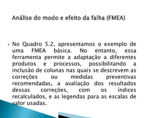 

No Quadro 5.2, apresentamos o exemplo de
uma FMEA básica. No entanto, essa
ferramenta permite a adaptação a diferentes
produtos e processos, possibilitando a
inclusão de colunas nas quais se descrevem as
correções
ou
medidas
preventivas
recomendadas, a avaliação dos resultados
dessas
correções,
com
os
índices
recalculados, e as legendas para as escalas de
valor usadas.

 