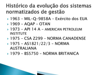 







1963 – MIL-Q-9858A – Exército dos EUA
1969 – AQAP – OTAN
1973 – API 14 A – AMERICAN PETROLEUM
INSTITUTE

1975 – CSA Z299 – NORMA CANADENSE
1975 – AS1821/22/3 – NORMA
AUSTRALIANA
1979 – BS5750 – NORMA BRITANICA

 