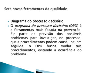 



Diagrama do processo decisório
O diagrama do processo decisório (DPD) é
a ferramentas mais focada na prevenção.
Ele parte da previsão dos possíveis
problemas para investigar, no processo,
quais procedimentos podem causá-los; em
seguida, o DPD busca mudar tais
procedimentos, evitando a ocorrência do
problema.

 