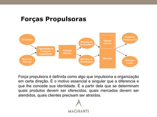 Forças Propulsoras
Força propulsora é definida como algo que impulsiona a organização
em certa direção. É o motivo essencial e singular que a diferencia e
que lhe concede sua identidade. É a partir dela que se determinam
quais produtos devem ser oferecidos, quais mercados devem ser
atendidos, quais clientes precisam ser atraídos.
Tecnologia
Recursos
Naturais
Capacidade de
Produção/
Capacitação
Produto/
Serviço
Métodos de
Vendas/MKT
Métodos de
Distribuição
Mercado
Cliente/
Usuário
Tamanho/
Crescimento
Retorno/
Lucro
 