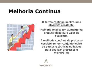 O termo contínuo implica uma
atividade constante.
Melhoria implica um aumento na
produtividade ou o valor de
qualidade.
A melhoria contínua de processo
consiste em um conjunto lógico
de passos e técnicas utilizados
para analisar processos e
melhorá-los
Melhoria Contínua
 