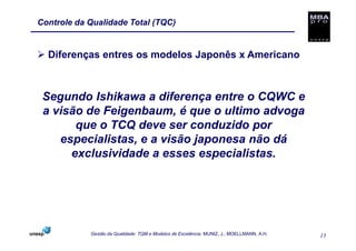 Controle da Qualidade Total (TQC)


  Diferenças entres os modelos Japonês x Americano



 Segundo Ishikawa a diferença entre o CQWC e
 a visão de Feigenbaum, é que o ultimo advoga
       que o TCQ deve ser conduzido por
    especialistas, e a visão japonesa não dá
      exclusividade a esses especialistas.




            Gestão da Qualidade: TQM e Modelos de Excelência. MUNIZ, J.; MOELLMANN, A.H.   15
 