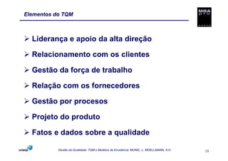 Elementos do TQM



  Liderança e apoio da alta direção

  Relacionamento com os clientes

  Gestão da força de trabalho

  Relação com os fornecedores

  Gestão por procesos

  Projeto do produto

  Fatos e dados sobre a qualidade

           Gestão da Qualidade: TQM e Modelos de Excelência. MUNIZ, J.; MOELLMANN, A.H.   18
 