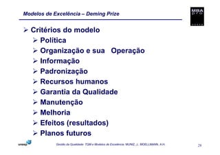 Modelos de Excelência – Deming Prize


  Critérios do modelo
     Política
     Organização e sua Operação
     Informação
     Padronização
     Recursos humanos
     Garantia da Qualidade
     Manutenção
     Melhoria
     Efeitos (resultados)
     Planos futuros
            Gestão da Qualidade: TQM e Modelos de Excelência. MUNIZ, J.; MOELLMANN, A.H.   28
 