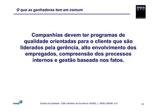 O que as ganhadoras tem em comum




      Companhias devem ter programas de
   qualidade orientadas para o cliente que são
 liderados pela gerência, alto envolvimento dos
    empregados, compreensão dos processos
      internos e gestão baseada nos fatos.




           Gestão da Qualidade: TQM e Modelos de Excelência. MUNIZ, J.; MOELLMANN, A.H.   39
 