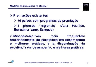 Modelos de Excelência no Mundo



  Premiações existentes
      76 países com programas de premiação
     3 prêmios “regionais”                                          (Ásia             Pacífico,
   Iberoamericano, Europeu)

  Missões/objetivos     mais      freqüentes:
reconhecimento da excelência em desempenho
e melhores práticas, e a disseminação da
excelência em desempenho e melhores práticas



           Gestão da Qualidade: TQM e Modelos de Excelência. MUNIZ, J.; MOELLMANN, A.H.           41
 