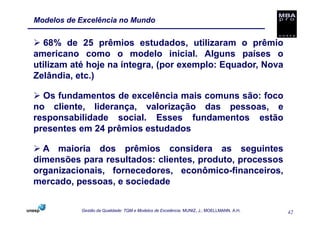 Modelos de Excelência no Mundo


  68% de 25 prêmios estudados, utilizaram o prêmio
americano como o modelo inicial. Alguns países o
utilizam até hoje na íntegra, (por exemplo: Equador, Nova
Zelândia, etc.)

  Os fundamentos de excelência mais comuns são: foco
no cliente, liderança, valorização das pessoas, e
responsabilidade social. Esses fundamentos estão
presentes em 24 prêmios estudados

  A maioria dos prêmios considera as seguintes
dimensões para resultados: clientes, produto, processos
organizacionais, fornecedores, econômico-financeiros,
mercado, pessoas, e sociedade


           Gestão da Qualidade: TQM e Modelos de Excelência. MUNIZ, J.; MOELLMANN, A.H.   42
 